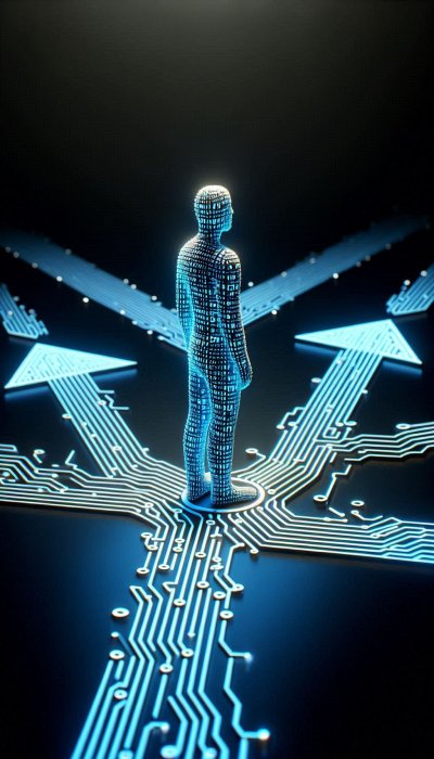 Digital human made of circuits at a crossroads, representing choice.