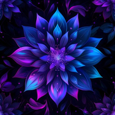 Glowing blue & purple abstract floral illus on dark background