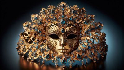 Luxurious golden masquerade mask with blue gems on dark background