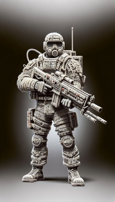 Futuristic soldier in armor made of white electronic components holdin
