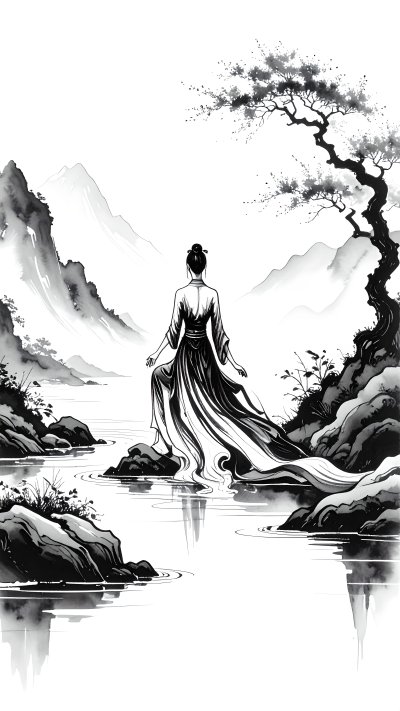 Ink wash of person in traditional clothing by river and mountains.