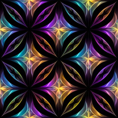 Iridescent abstract pattern with glowing floral shapes on black
