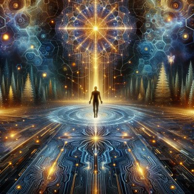 Ascending figure towards celestial portal in digital landscape, enligh