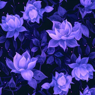 Seamless pattern of purple water lilies and dark leaves