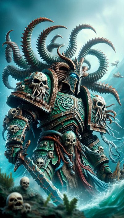 Skull-armored warrior with tentacles stands by turbulent ocean