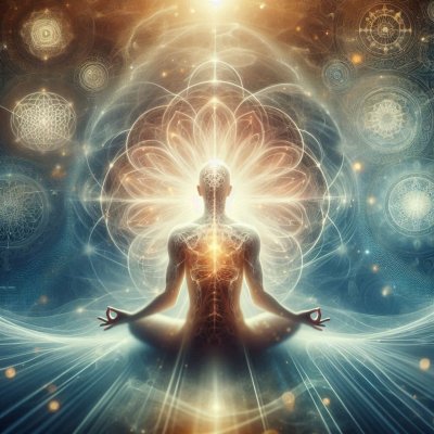 Meditating figure radiating energy, surrounded by geometric patterns a