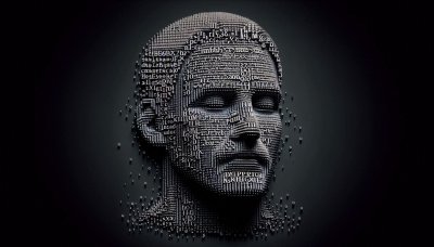 Human face formed from text on dark background, symbolizing data.