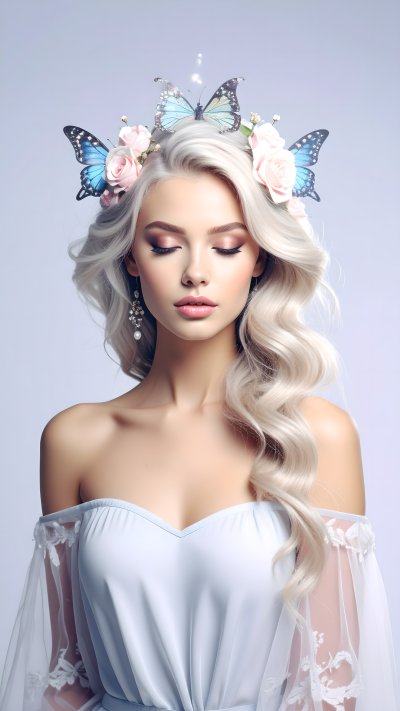 Ethereal woman with blonde hair wearing butterfly and rose crown
