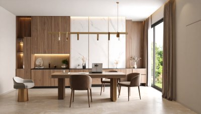 Elegant modern dining and workspace with wood and marble
