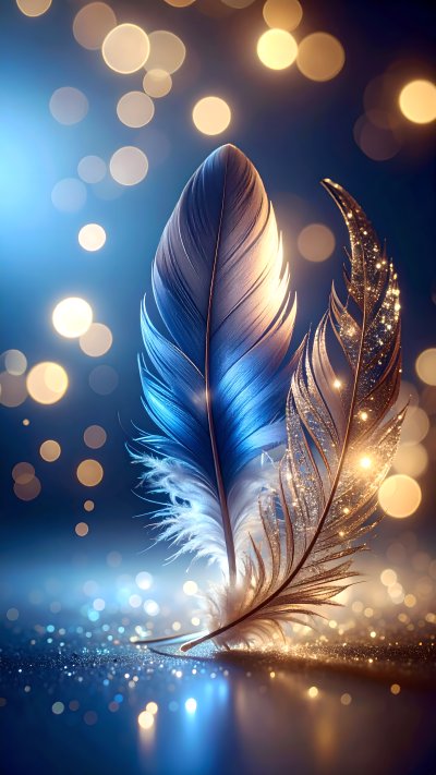 Ethereal illus of blue & gold sparkling feathers w/ bokeh lights.