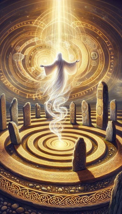 Spiritual ascent from glowing ritual circle with runes & stones