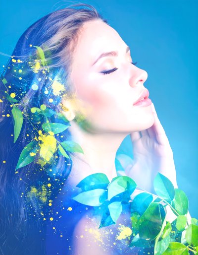 Woman with cosmic dust and green leaves in her hair, evoking wonder