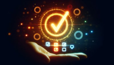 Hand cupping a glowing checkmark with check boxes, representing valida