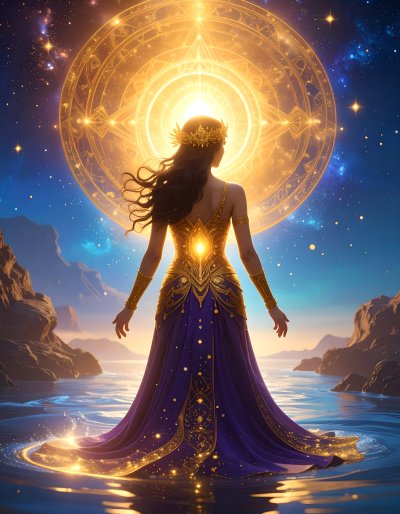 Goddess in gold rises from water under cosmic mandala