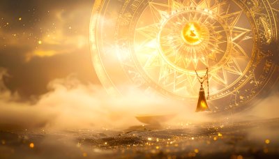Golden celestial wheel radiating mystical energy.