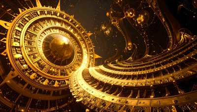 Golden celestial clockwork radiating cosmic light