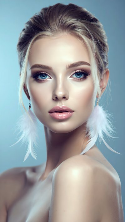 Portrait of young woman with blond hair, blue eyes, feather earrings