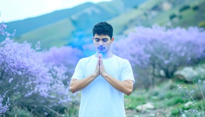 Man meditating outdoors with glowing blue energy and purple flowers