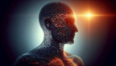 Human head profile made of glowing binary code with digital light