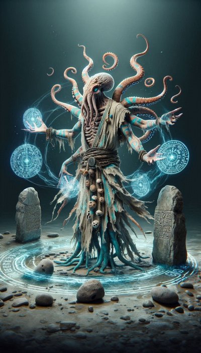 Octopus-headed mystic casting spells in ritual circle