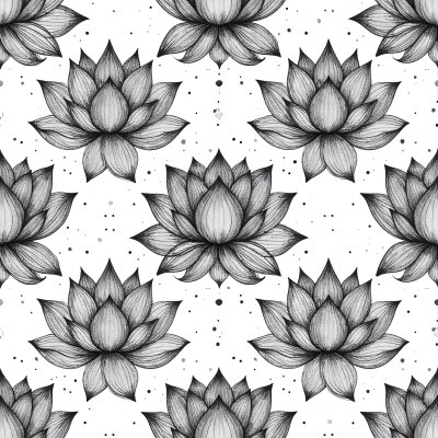 Seamless pattern of hand-drawn lotus flowers with ink splatters