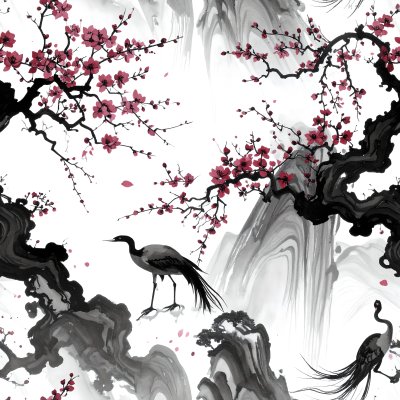 Seamless ink painting pattern with cherry blossoms, cranes, mountains