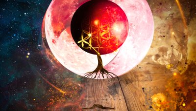 Cosmic Tree of Life with Red Moon and Nebula