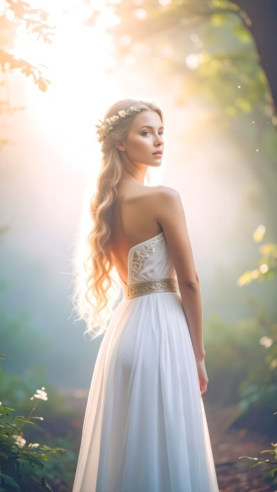 Ethereal woman in white dress and flower crown in sunlit forest