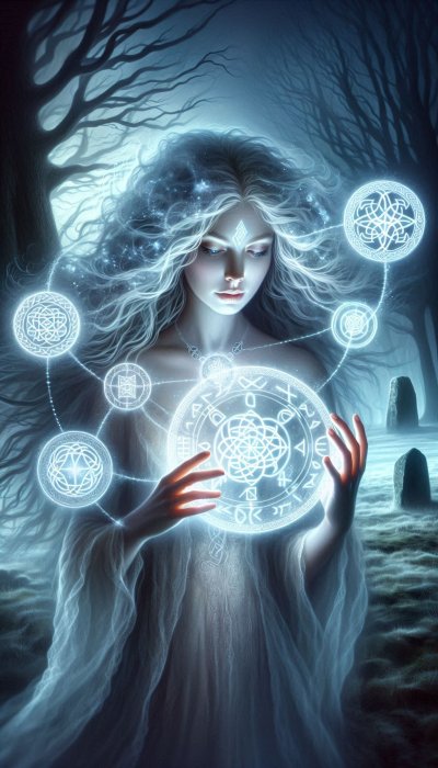 Ethereal sorceress with glowing magic symbols in dark ancient forest