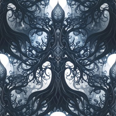 Dark mystical organic structure with stylized face and glowing lights