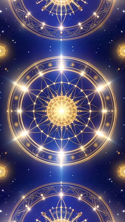 Golden celestial symbol with glowing lights on blue starry background