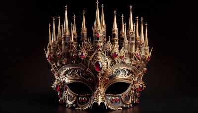 Golden masquerade mask with ruby gems and architectural elements
