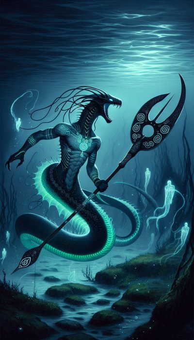 Serpentine underwater warrior with trident and glowing figures