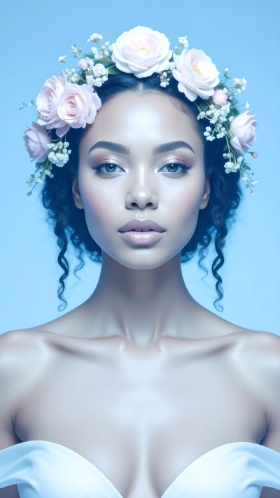 Young woman portrait with floral crown and blue background