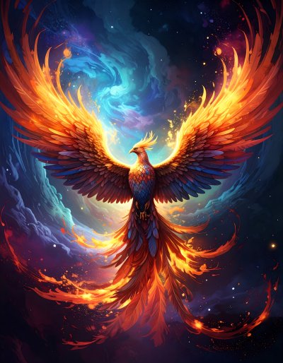 Majestic phoenix emerging from cosmic fire and nebulae, rebirth