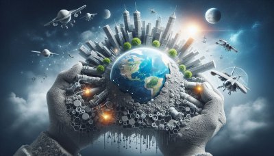 Earth in industrial hands with futuristic aircraft, symbolizing interc