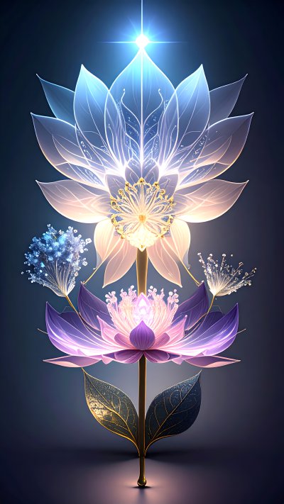 Ethereal glowing lotus flowers w/ translucent petals & gold accents