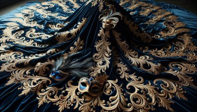 Blue velvet fabric with gold embroidery and Venetian masks