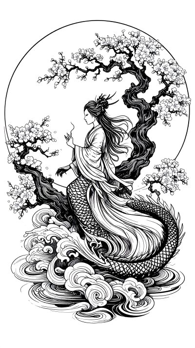 Japanese dragon woman with cherry blossoms, waves, and circle frame