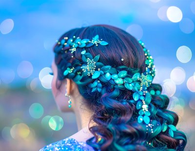 Ethereal hairstyle with teal leaves and crystals, evoking magic