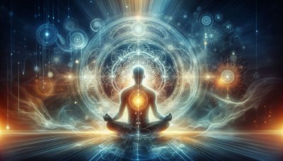 Meditating figure radiating light amid cosmic mandalas and energy.