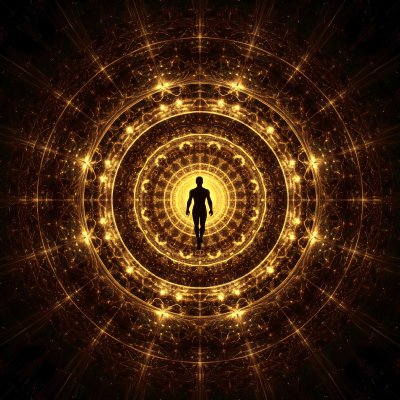 Person in golden fractal tunnel, cosmic consciousness