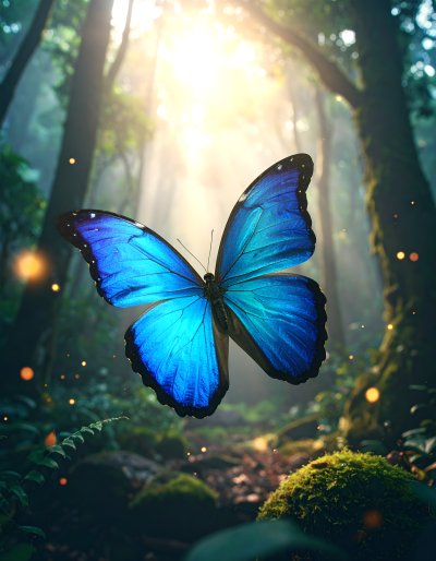 Enchanting morpho butterfly in sunlit forest, evoking wonder
