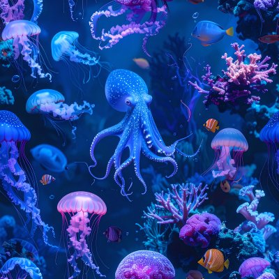 Glowing jellyfish, octopus, coral, fish in vibrant deep blue water
