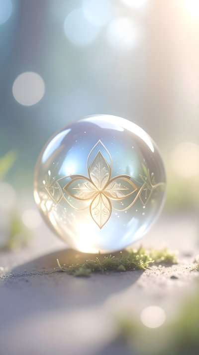 Glass sphere with golden floral design on ground in nature bokeh