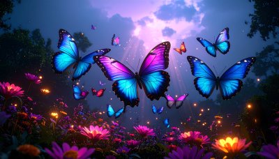 Enchanting night garden, glowing flowers, vibrant butterflies.
