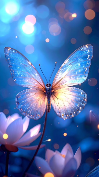 Blue glowing butterfly on a stem with bokeh and lotus flowers