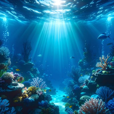 Sun rays illuminate vibrant underwater coral reef with fish