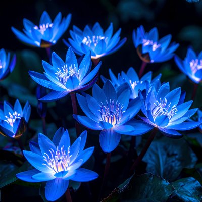 Glowing blue water lilies illuminated against a dark background