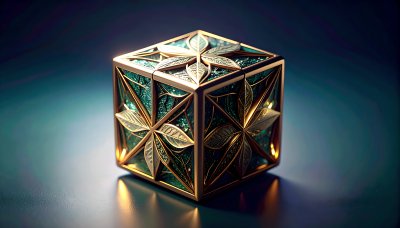 Luxurious golden cube with emerald stained glass and leaf motifs